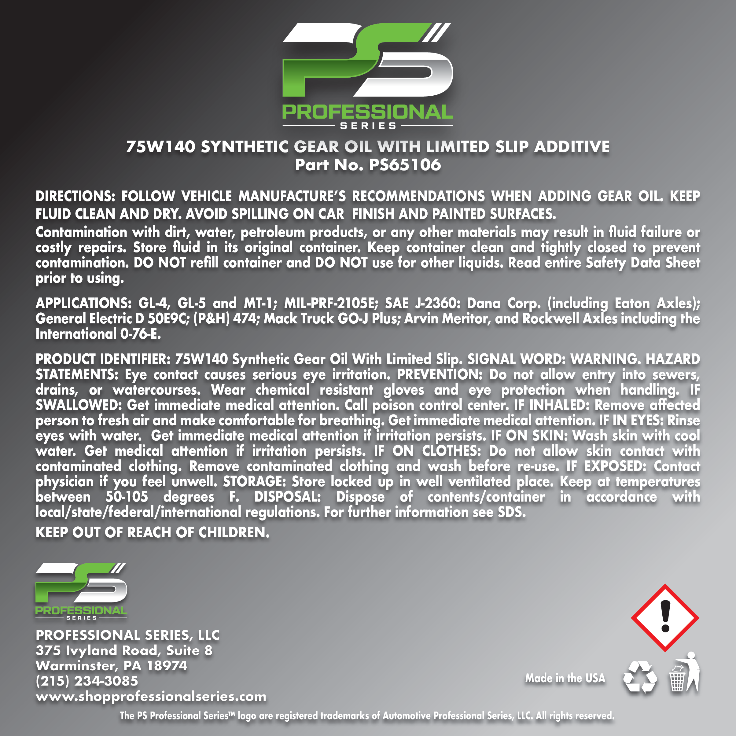 Synthetic Gear Oil 75W-140 with LIMITED SLIP FRICTION MODIFIER 64 oz. - Image 2