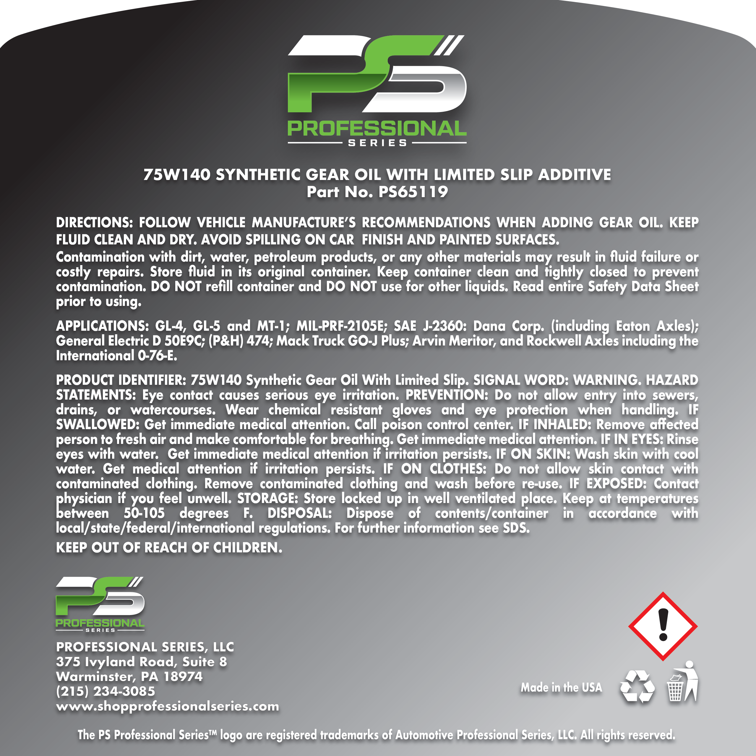 Synthetic Gear Oil 75W-140 with LIMITED SLIP FRICTION MODIFIER 96 oz. - Image 2